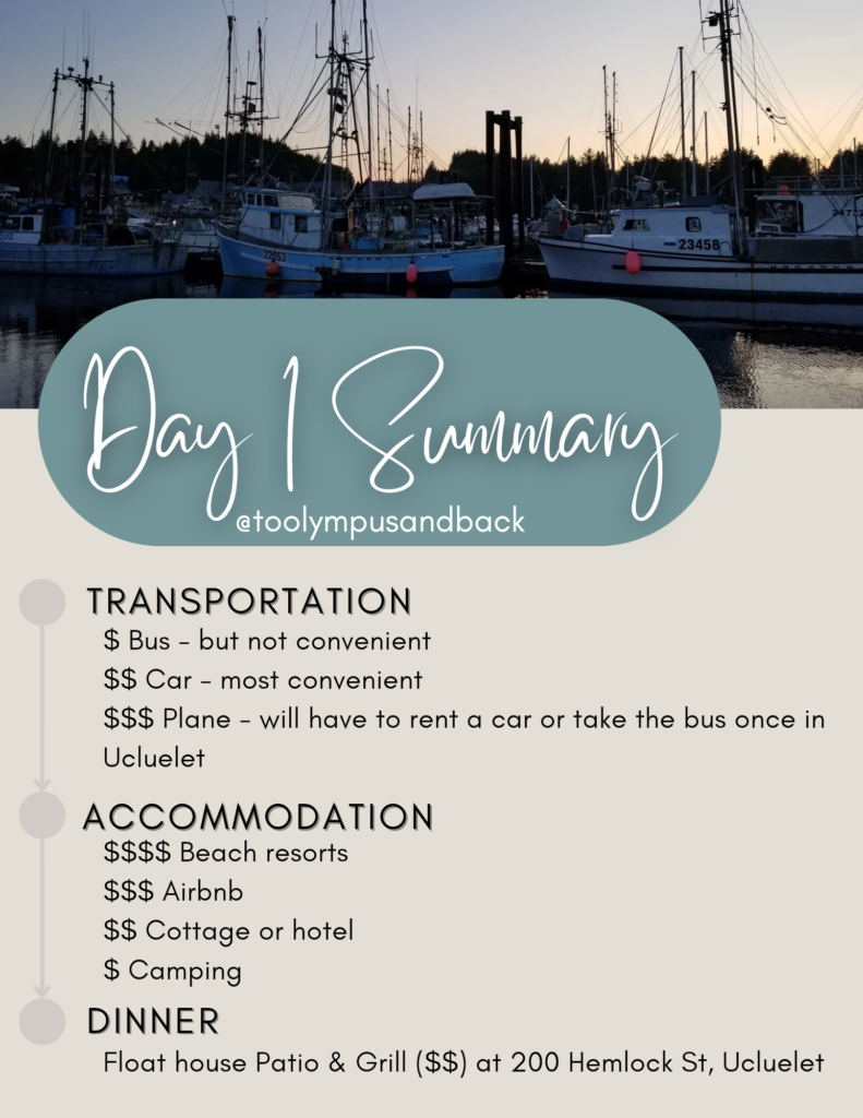 Summary of itinerary for day one of travel to Ucluelet, British Columbia. How to Spend 5 Days in Ucluelet.