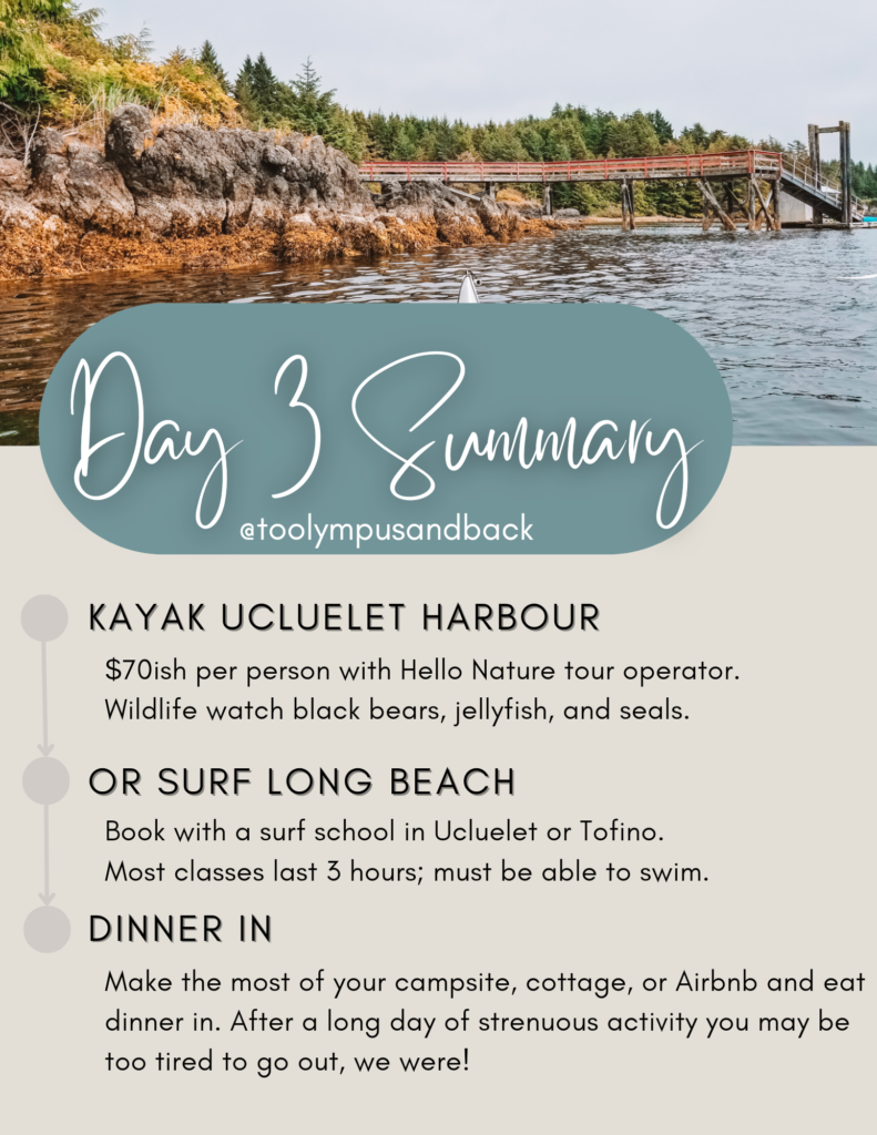 Summary of itinerary for day three of travel to Ucluelet, British Columbia. How to Spend 5 Days in Ucluelet.