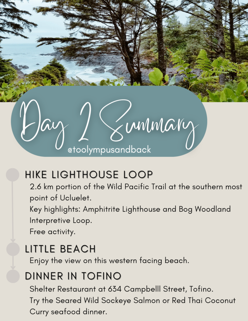 Summary of itinerary for day two of travel to Ucluelet, British Columbia. How to Spend 5 Days in Ucluelet.