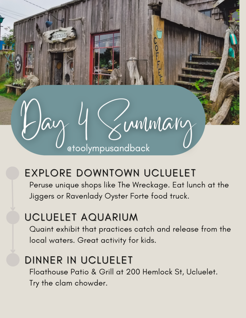 Summary of itinerary for day four of travel to Ucluelet, British Columbia. How to Spend 5 Days in Ucluelet.