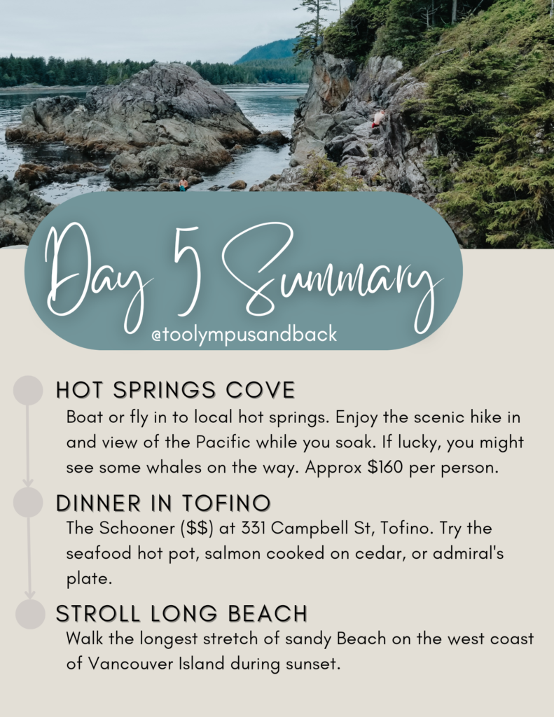 Summary of itinerary for day five of travel to Ucluelet, British Columbia. How to Spend 5 Days in Ucluelet.